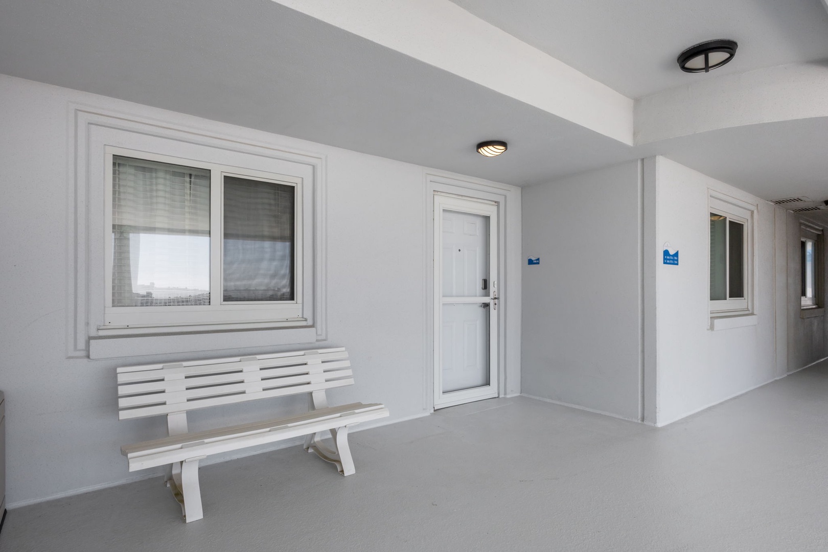 Clean, modern corridor with comfortable seating where you can relax between activities or wait for friends.