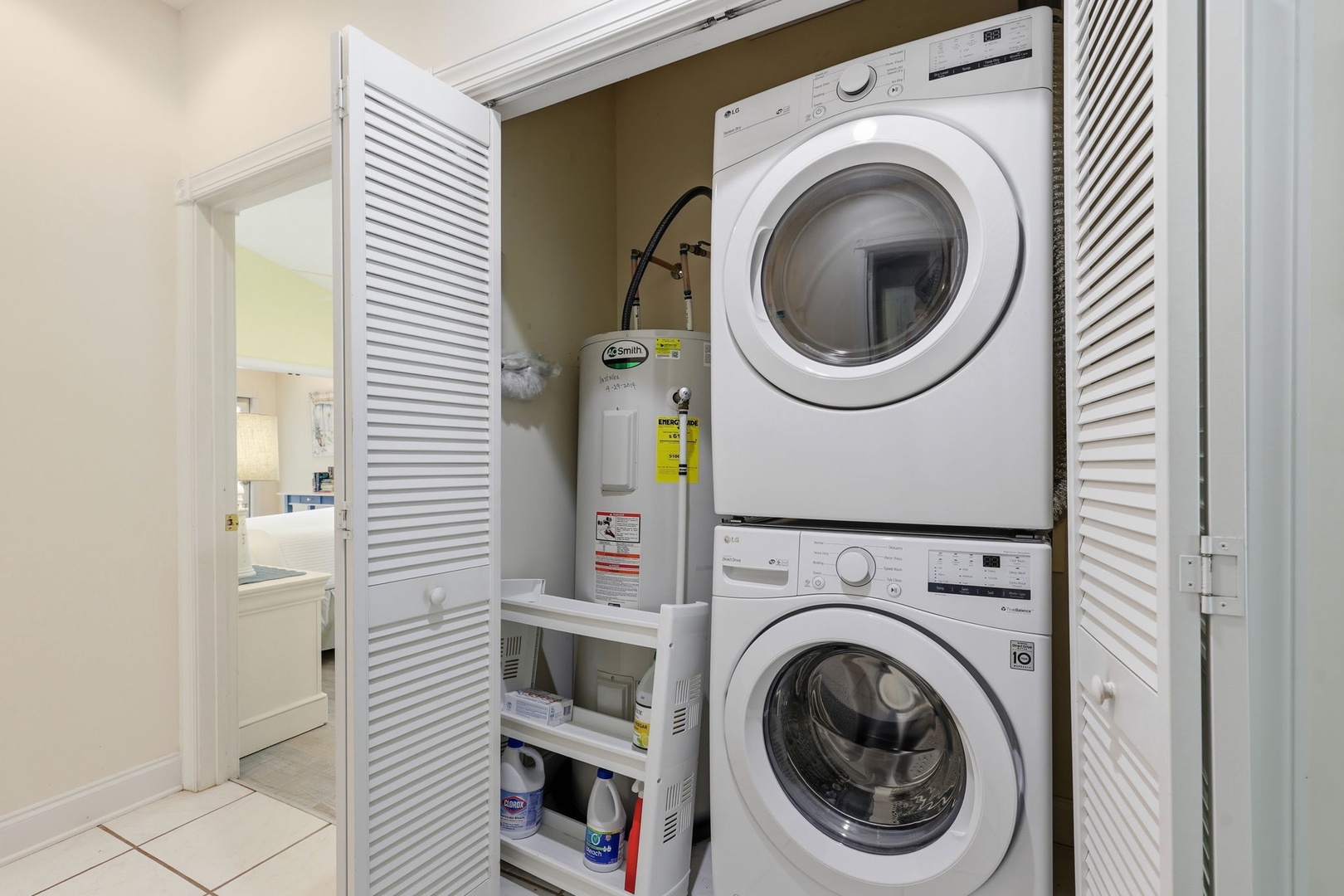 Your stay includes access to convenient laundry facilities with a stacked washer and dryer, plus handy storage for supplies. Fresh linens and towels are always within reach.
