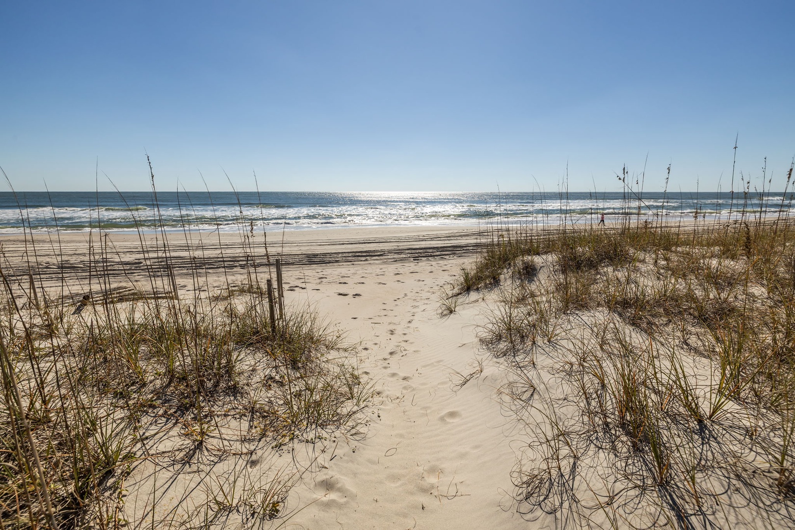 Beautiful pristine beach with soft white sand and gentle waves, framed by natural dune grass under clear blue skies.