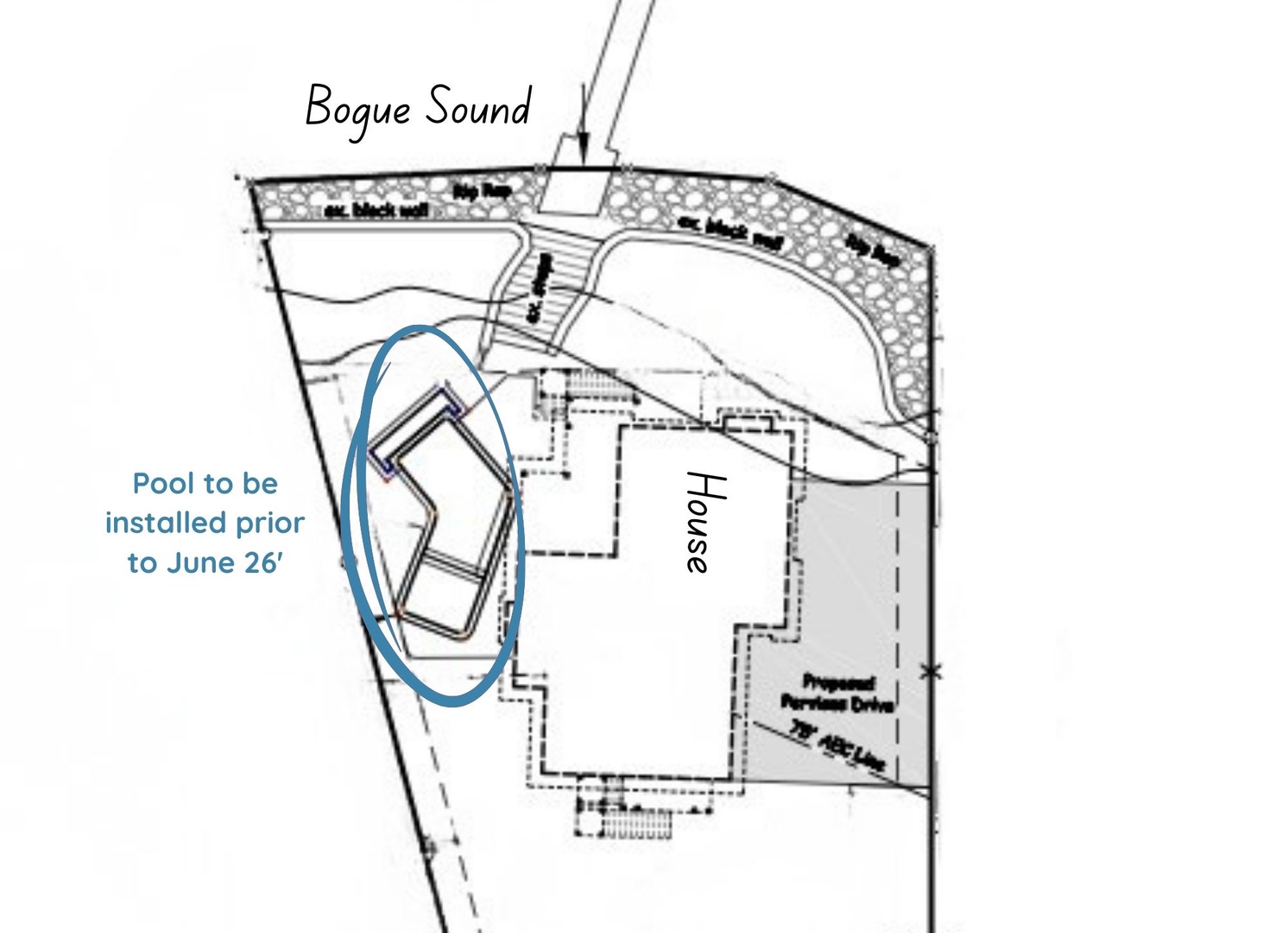 Property floor plan showing the layout and future pool installation area.