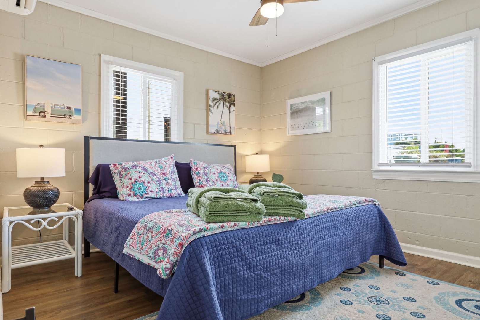 Settle into your coastal retreat with soft linens, soothing beach-themed décor, and plenty of natural light streaming through plantation shutters. Fresh towels await your arrival.