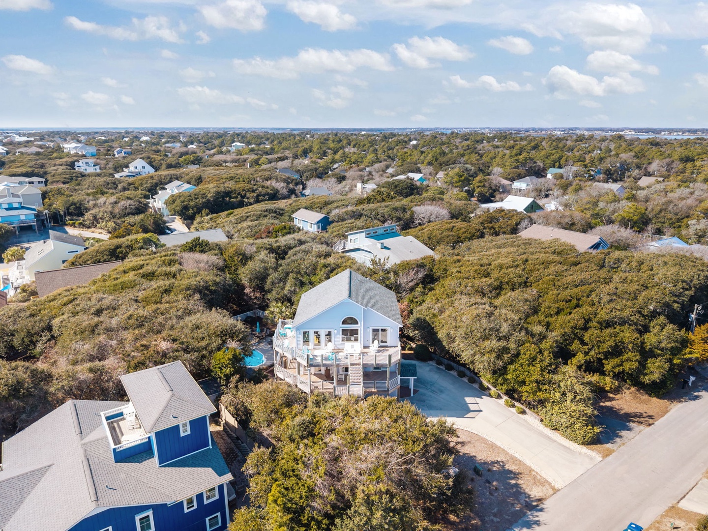 Aerial view of coastal vacation homes nestled among native vegetation in a peaceful residential community.