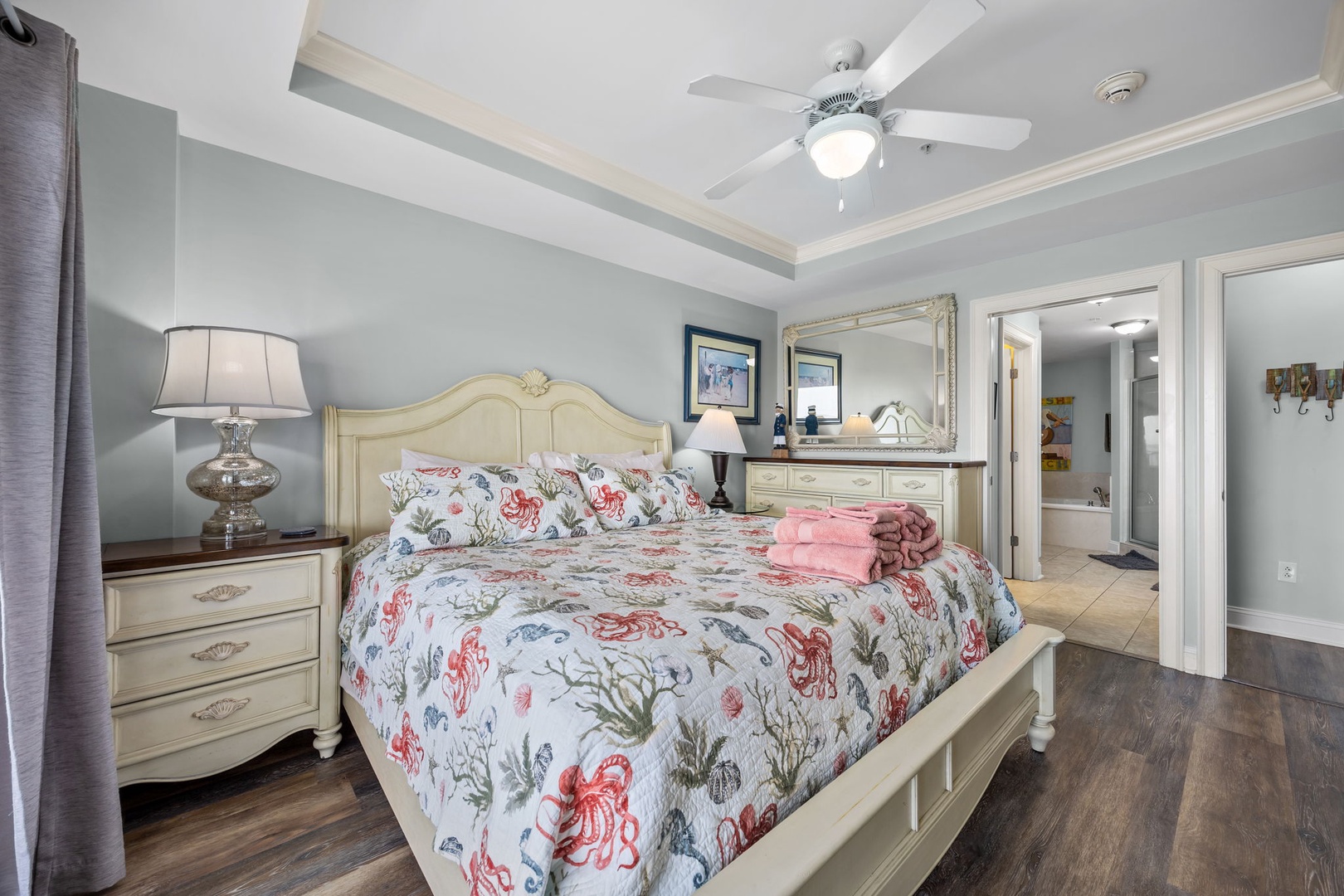 Drift into peaceful sleep surrounded by coastal charm and elegant comfort in this beautifully appointed bedroom.