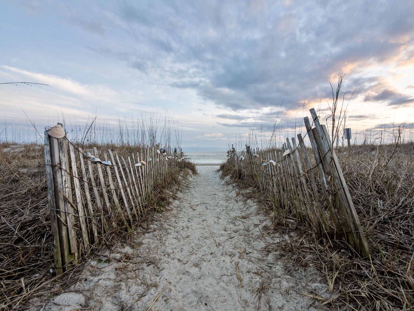 A scenic boardwalk path leads through coastal dunes to the pristine beach beyond, offering peaceful access to the shore.