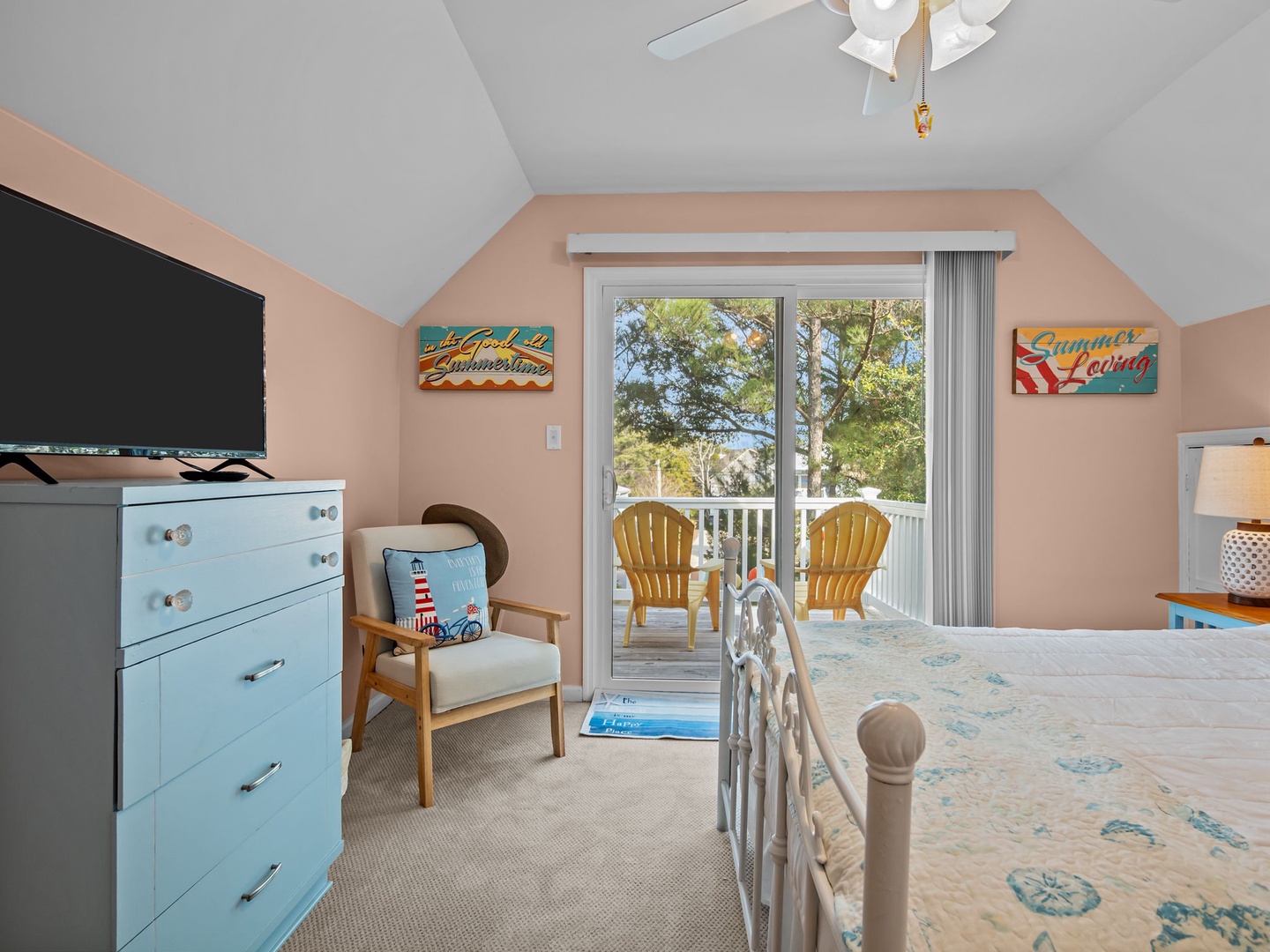 Step into your peaceful bedroom retreat with coastal charm, where soft morning light and your private balcony await.