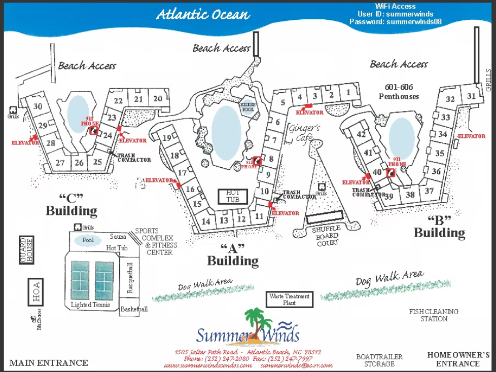 A comprehensive property map showing three oceanfront buildings with direct beach access, pools, spa facilities, and elevators for your convenience.