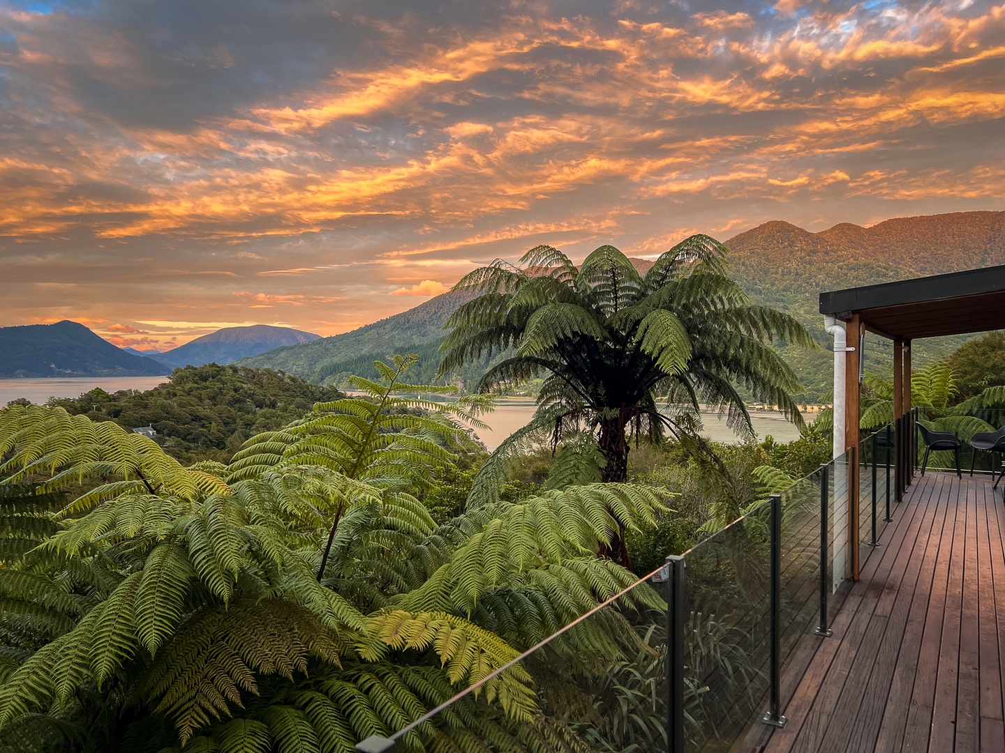 Stunning sunset over mountains and native ferns creates a breathtaking backdrop from this elevated deck with panoramic wilderness views.