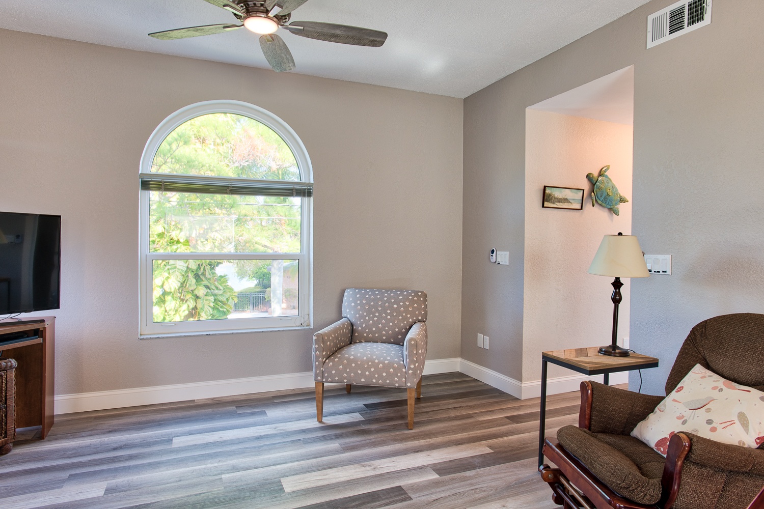 Living room window has partial water views