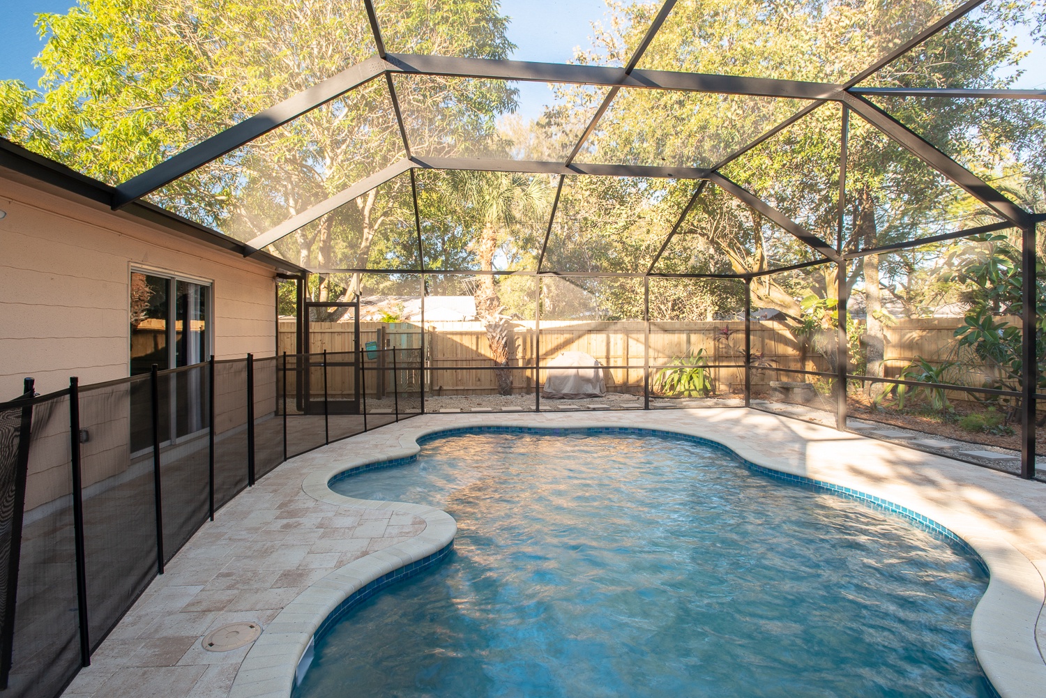 Caged pool seen from the east end of the pool