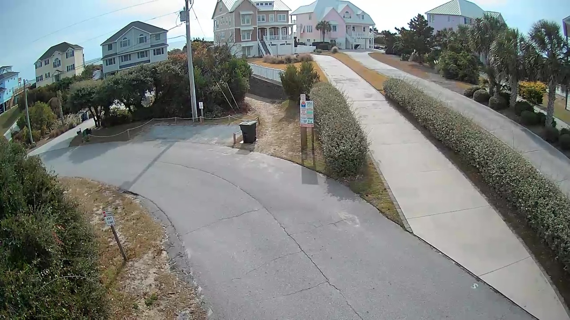 Coastal neighborhood setting with beach access walkways leading to colorful vacation homes nestled among palm trees and native vegetation.