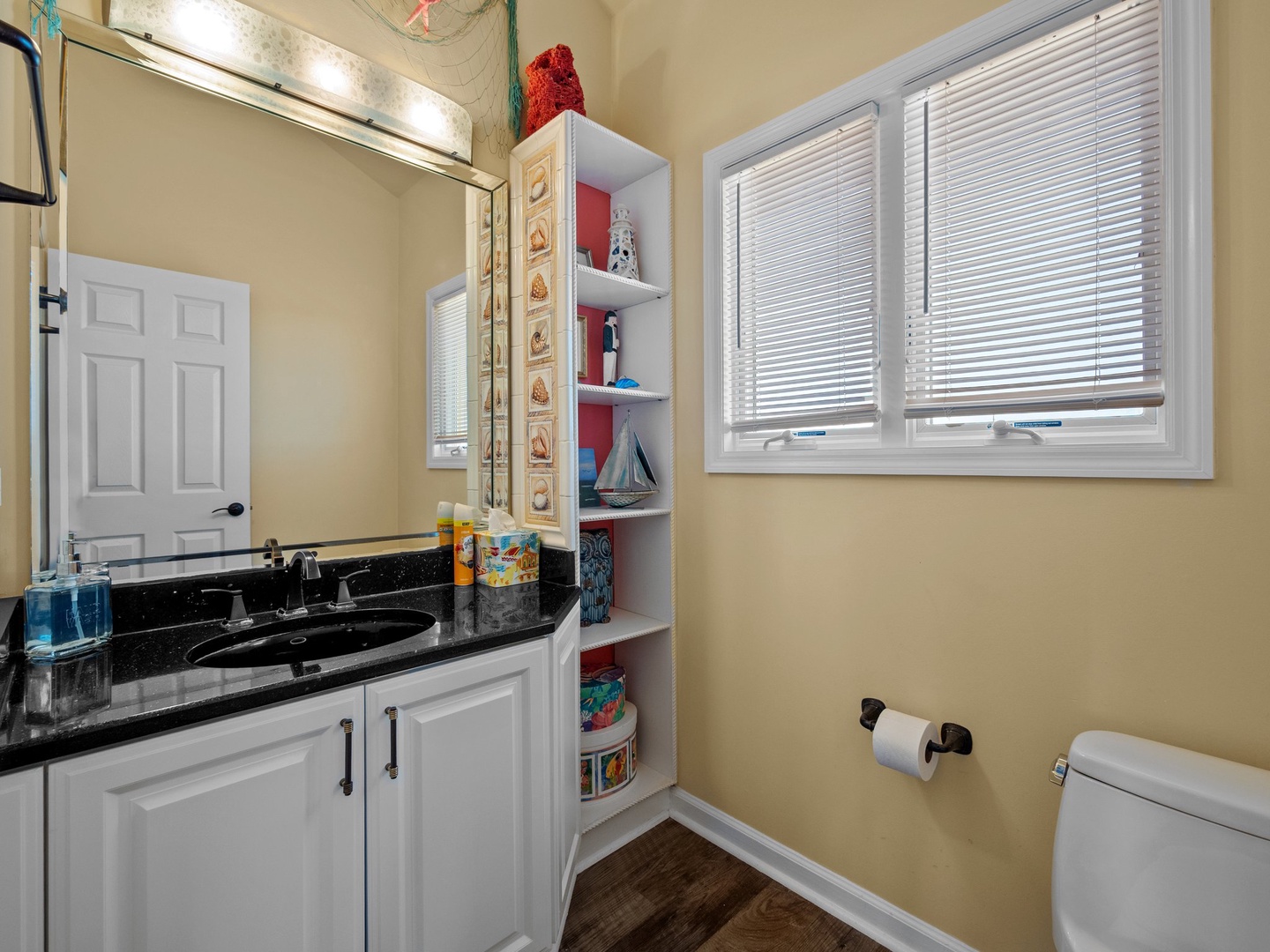 Step into your bright bathroom featuring elegant granite countertops, built-in storage shelving, and natural light streaming through windows.