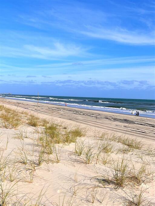 Pristine sandy beach with gentle waves and coastal dunes under bright blue skies.