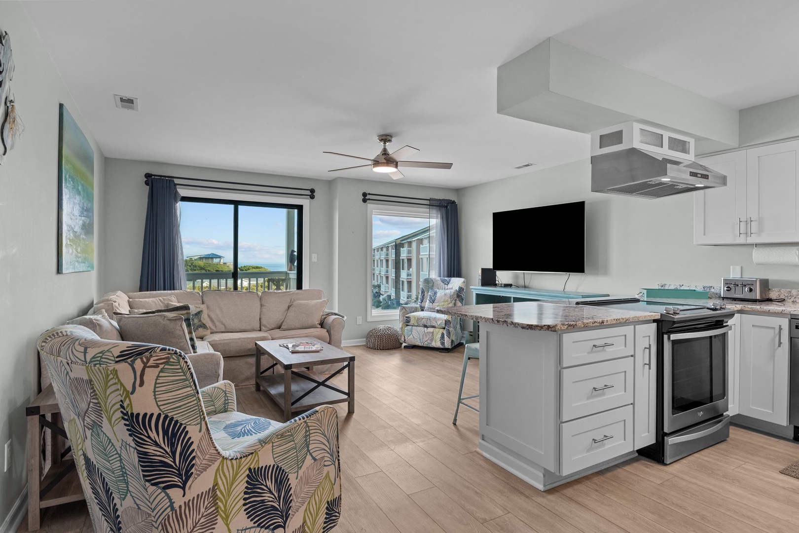 Relax in your open-concept space where modern comfort meets coastal charm, with stunning views and everything you need for the perfect getaway.
