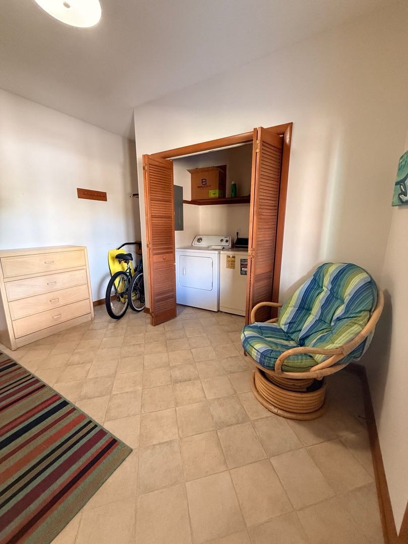 Your laundry closet awaits behind louvered doors, neatly tucked away with a washer and dryer ready whenever you need them.