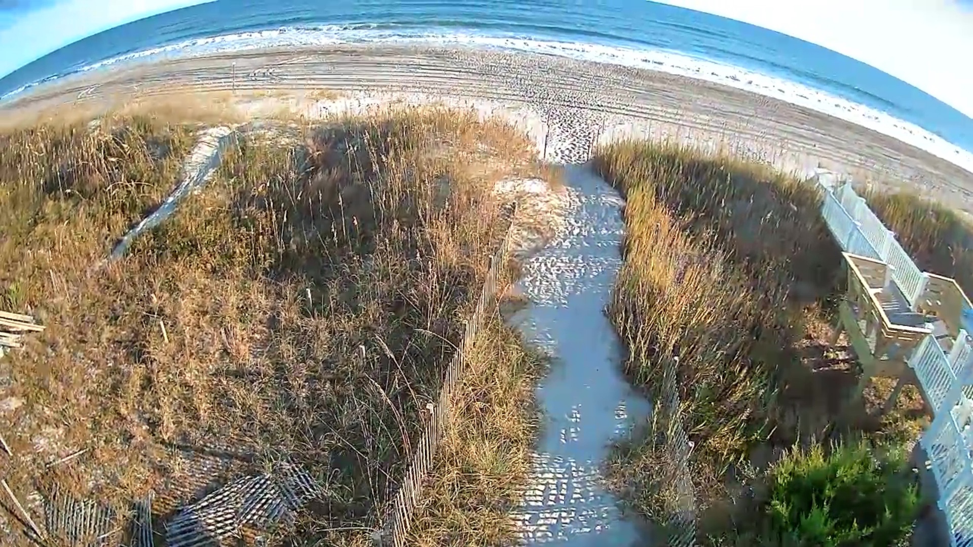 Aerial view of pristine beach access with wooden boardwalks winding through protected dunes to the expansive Atlantic coastline.