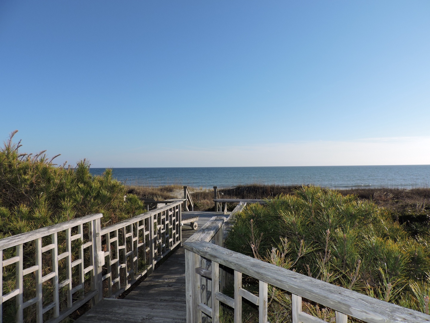 Wooden boardwalk winds through coastal dunes, leading to pristine beachfront under endless blue skies.