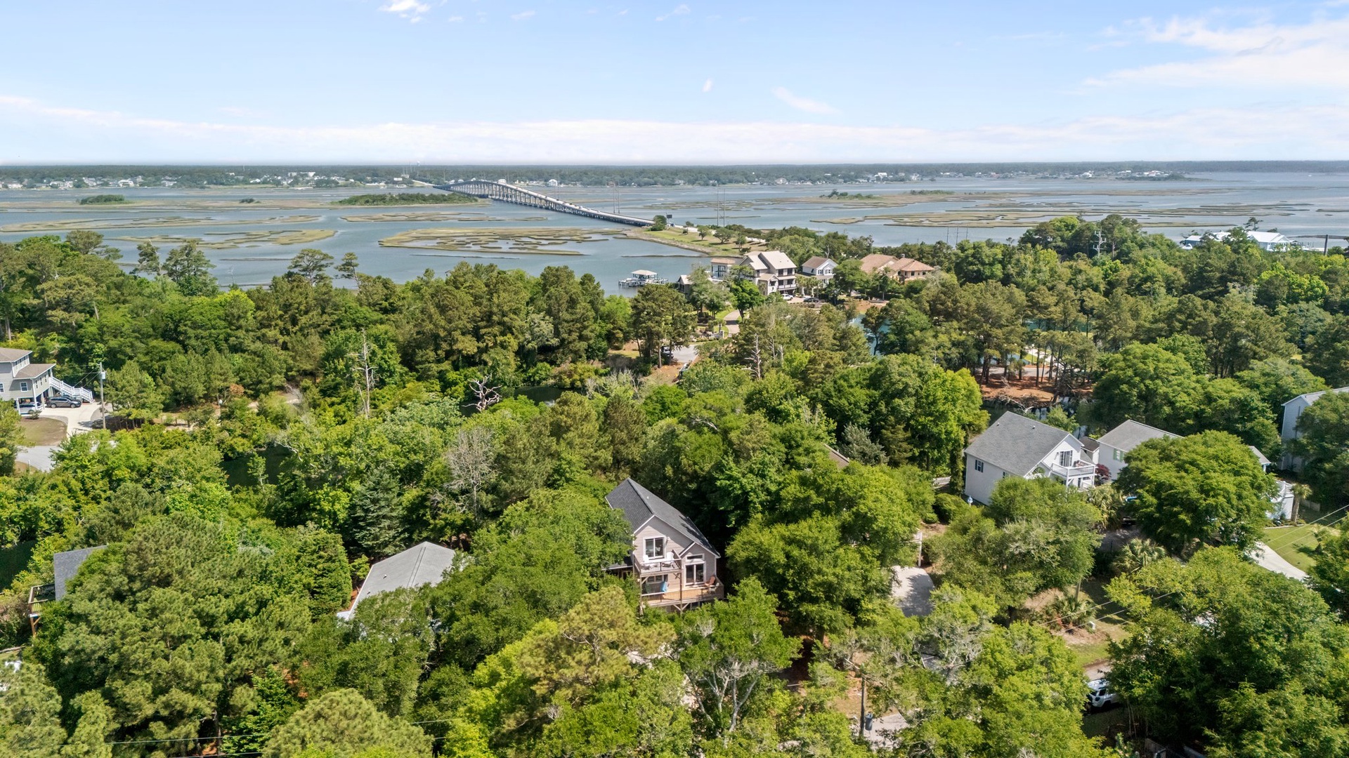Aerial view of the coastal neighborhood showcasing waterfront homes nestled among mature trees with bridge and bay views.