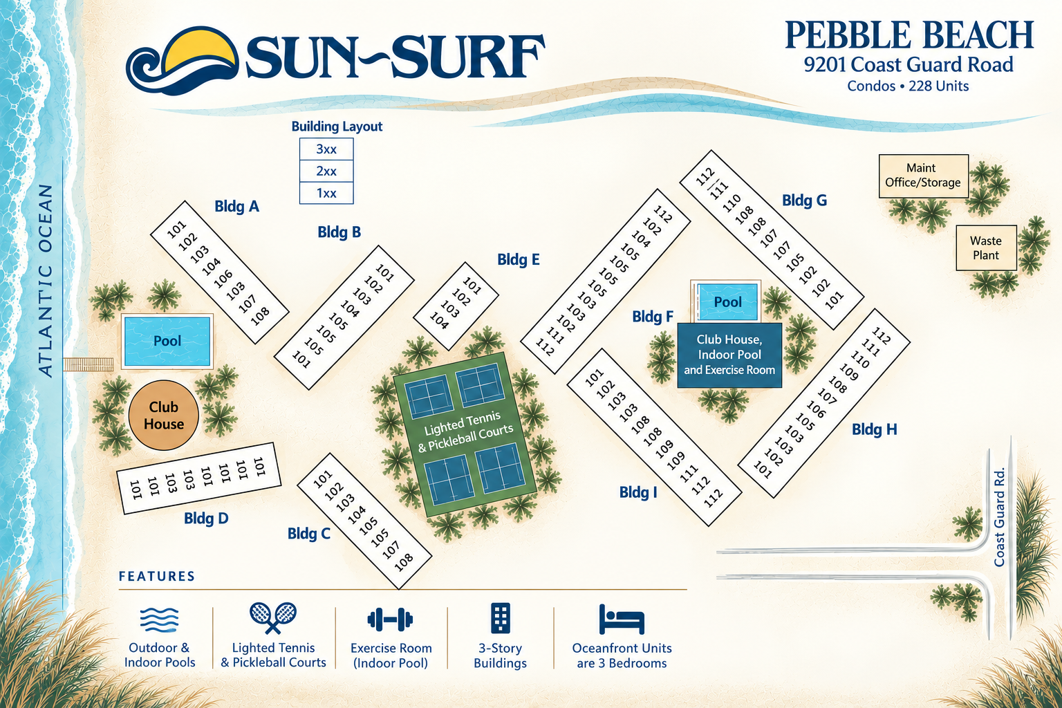 An aerial site map shows the layout of Sun-Surf Pebble Beach at 9201 Coast Guard Road. The condo complex includes 228 units across nine buildings arranged around two pools, tennis and pickleball courts, and clubhouses.