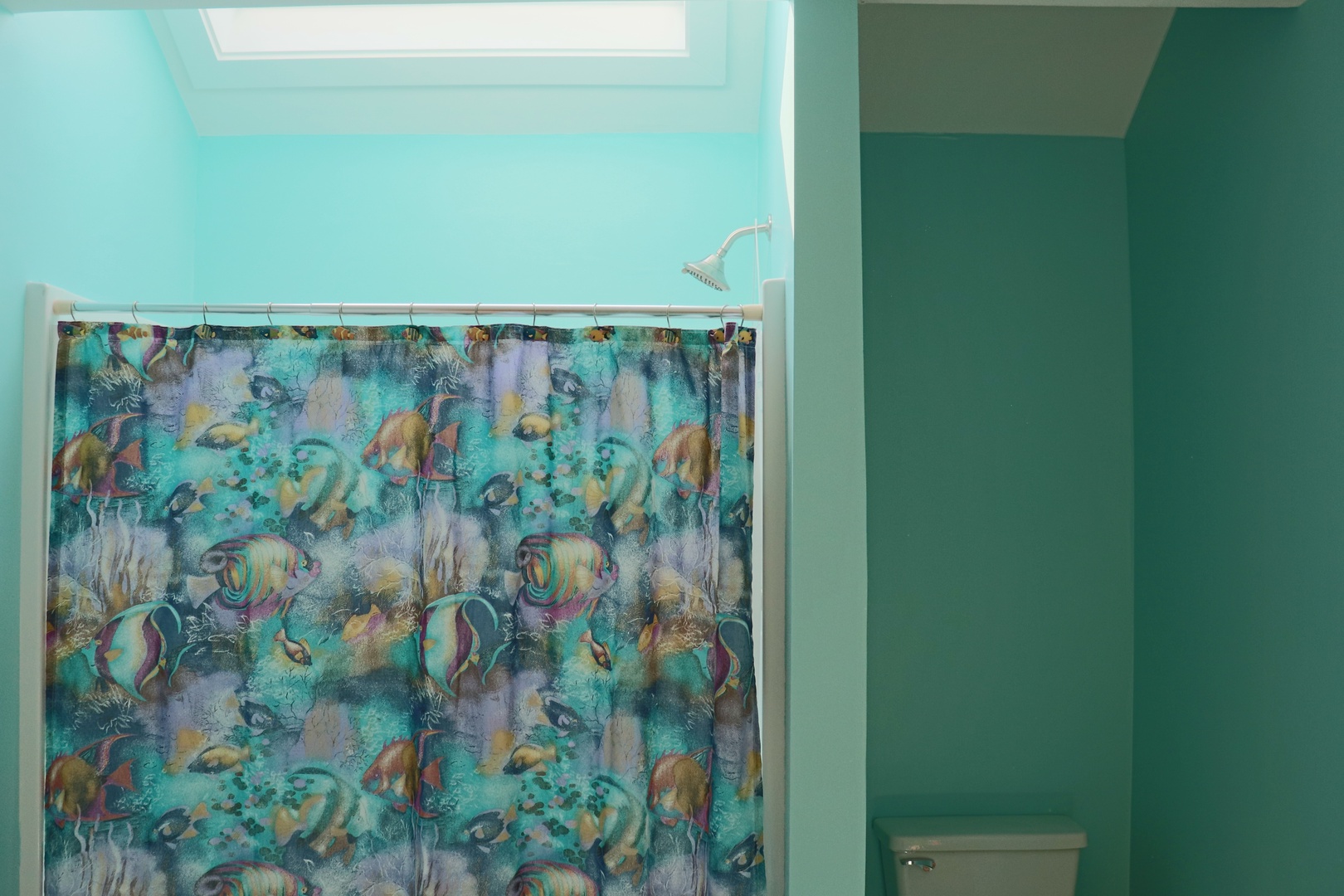 Step into your bright bathroom where ocean-themed curtains and soothing turquoise walls create a refreshing seaside escape for your daily routine.