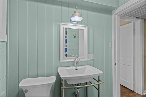 Your charming coastal bathroom features tranquil mint green shiplap walls and elegant fixtures for a refreshing seaside retreat.