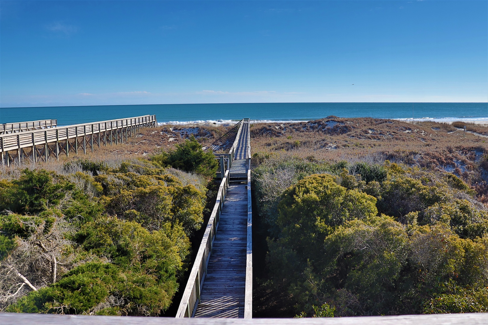 Wooden boardwalk winds through coastal vegetation to pristine beach access, offering stunning ocean views.