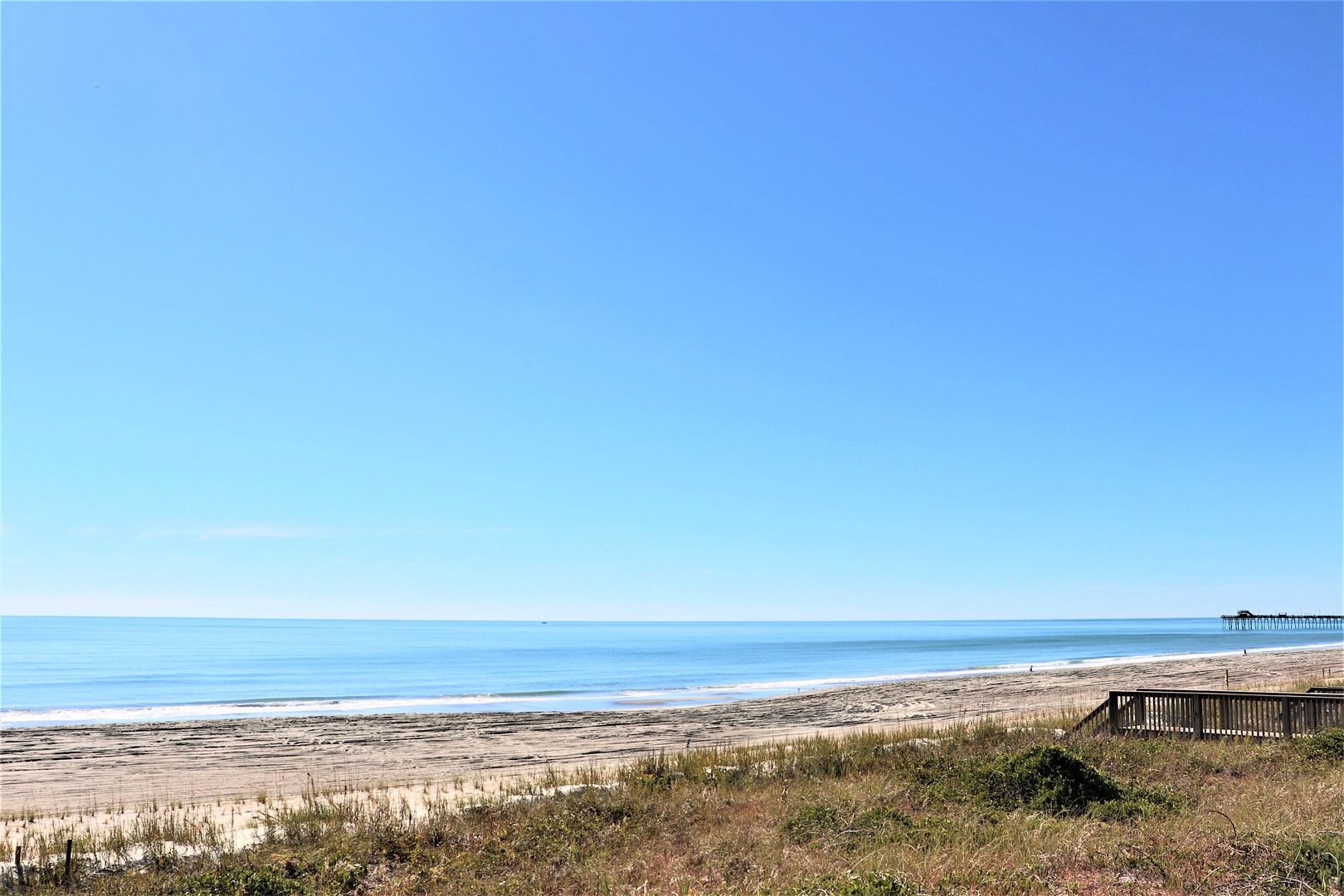 Pristine coastline stretches endlessly with golden sand, rolling waves, and clear blue skies creating a perfect seaside setting.