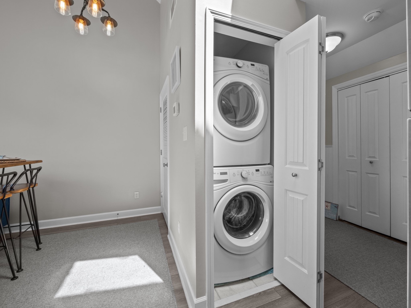 Your own washer and dryer tucked away in a convenient closet keep your clothes fresh throughout your stay.