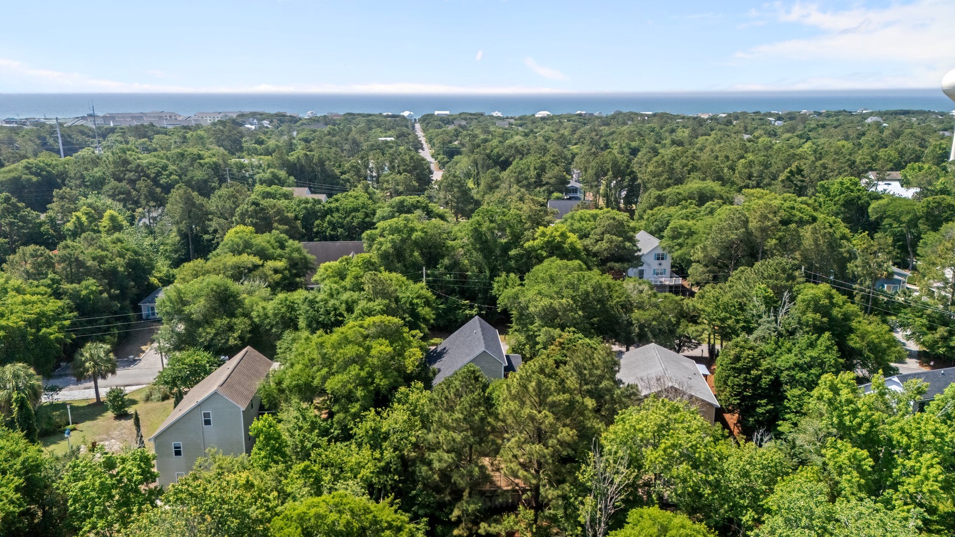 Aerial view of tree-lined neighborhood with glimpses of the ocean beyond, showcasing the peaceful residential setting.