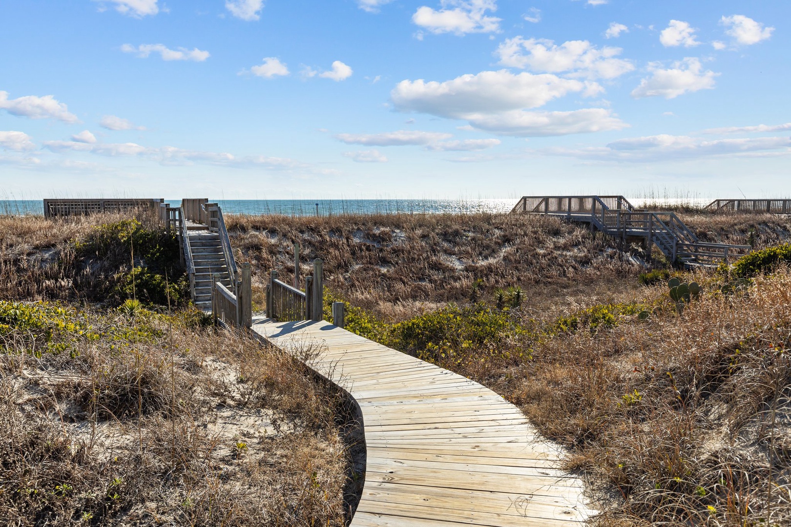 Wooden boardwalk winds through coastal dunes toward ocean views, with viewing platform overlooking the shoreline.