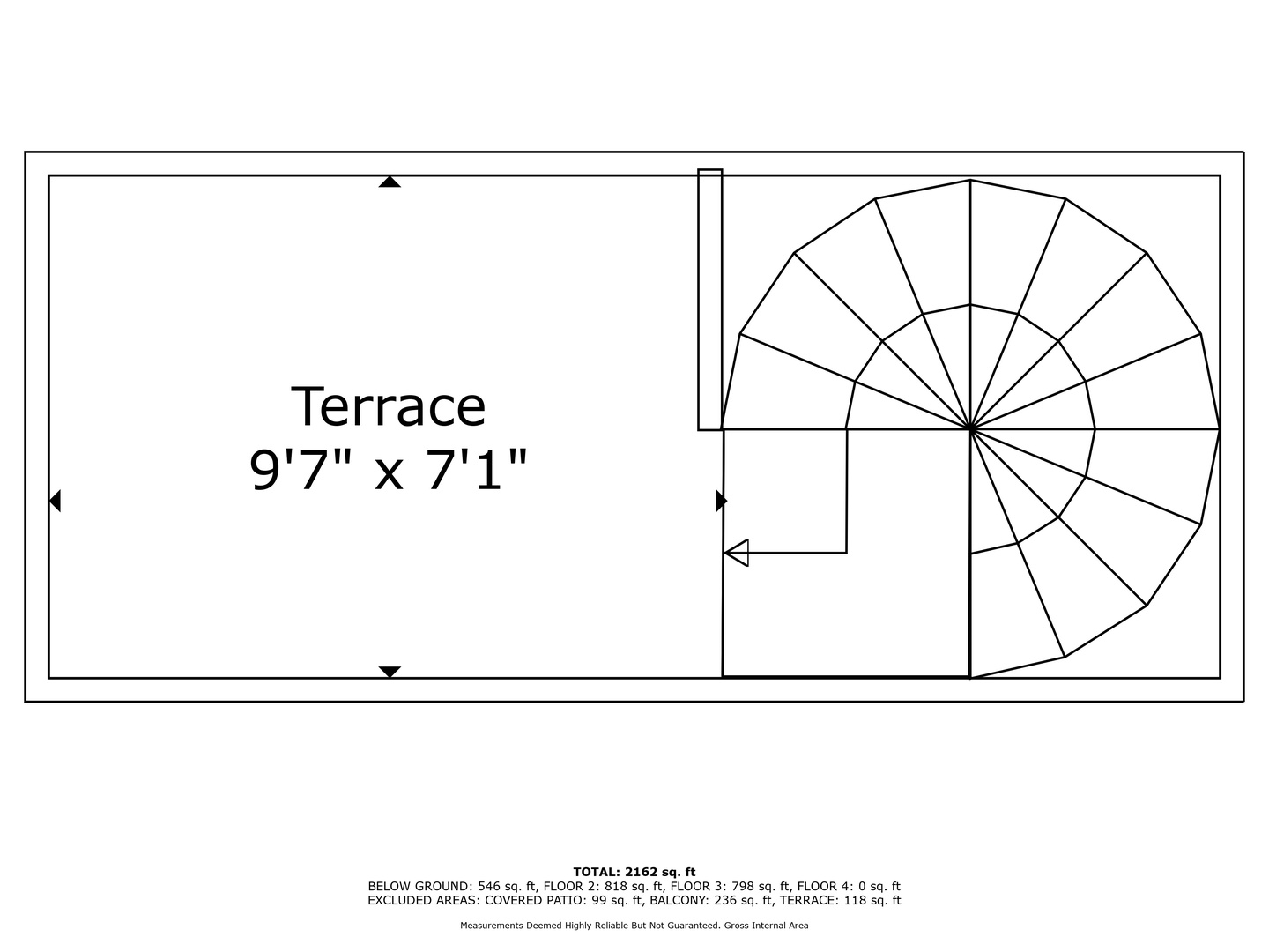 Architectural floor plan showing terrace layout with spiral staircase access for outdoor relaxation space.