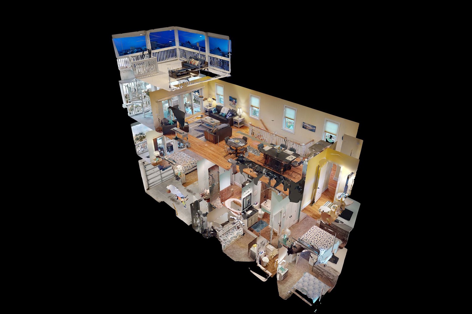A detailed floor plan showcasing your spacious retreat with multiple bedrooms, living areas, kitchen, and stunning rooftop deck for memorable gatherings.
