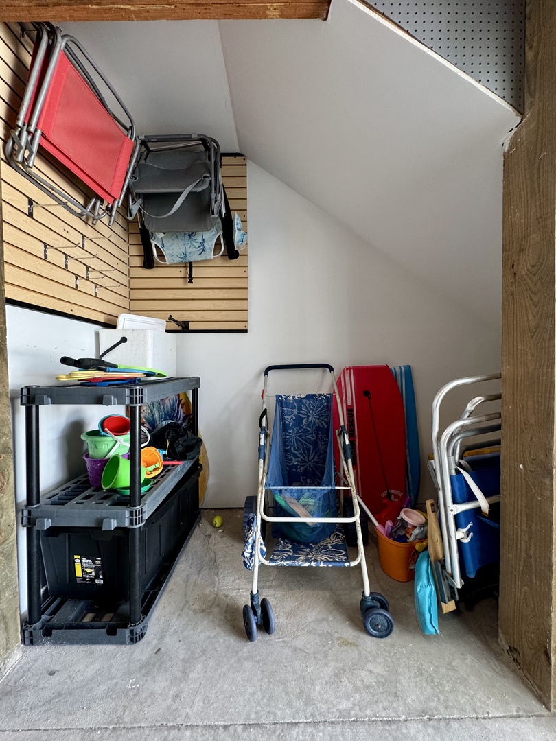A practical storage area keeps your beach gear, folding chairs, and essentials neatly organized and ready whenever adventure calls.