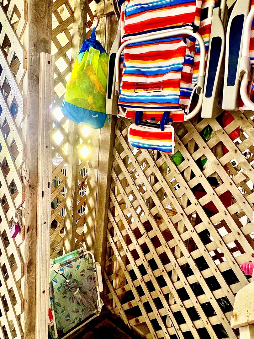 Grab your beach essentials from the convenient storage area, with colorful bags and towels ready for your seaside adventure.