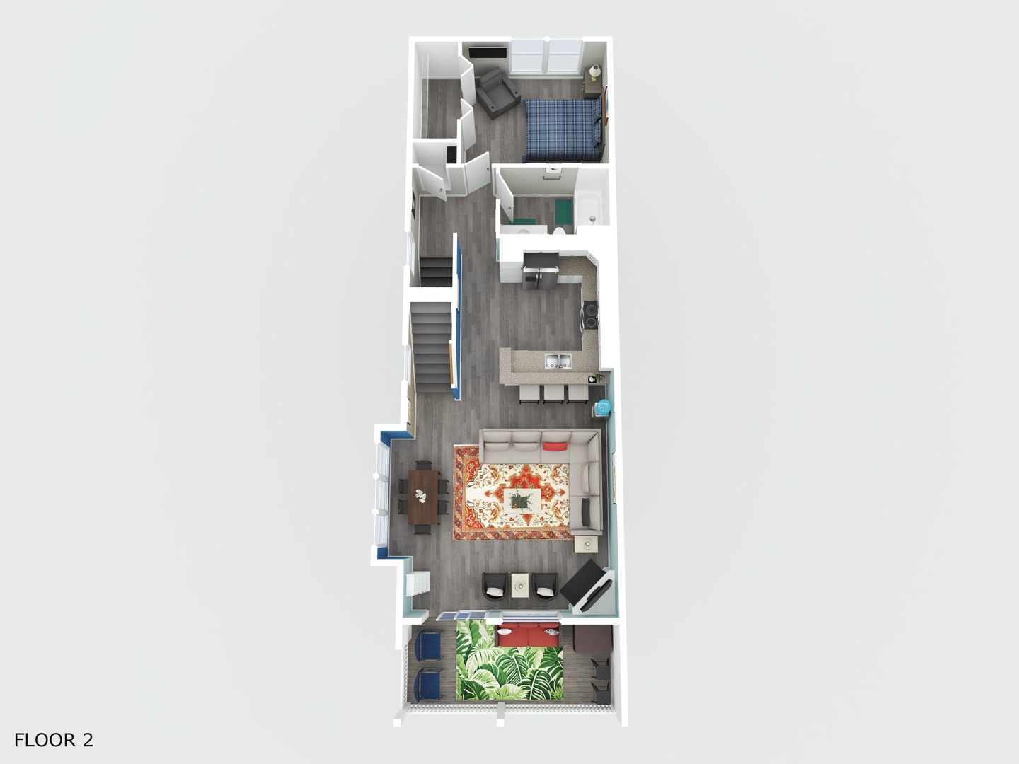 Floor 2 layout shows your comfortable bedroom, bathroom, dining area, and living spaces perfectly arranged for your stay.