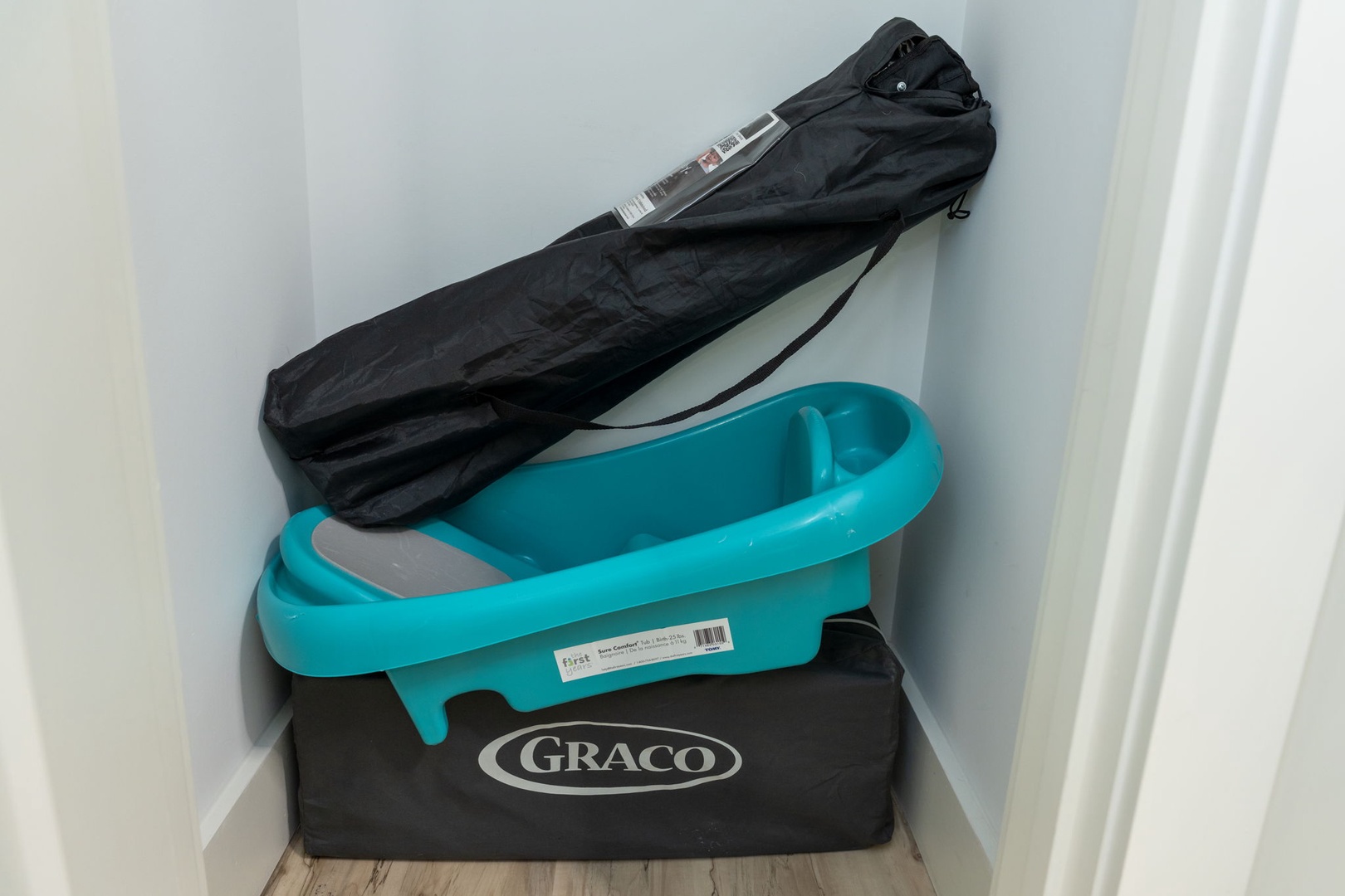 Convenient baby gear stored ready for your little one's comfort and safety during your stay.