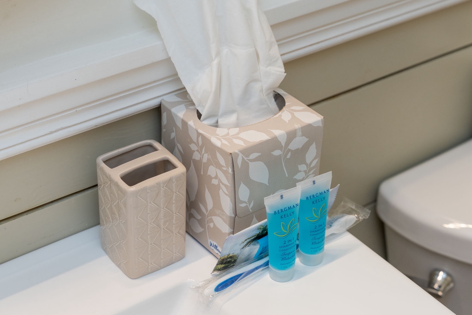 Your bathroom features thoughtful touches including premium toiletries, stylish tissue holders, and fresh towels ready for your arrival.