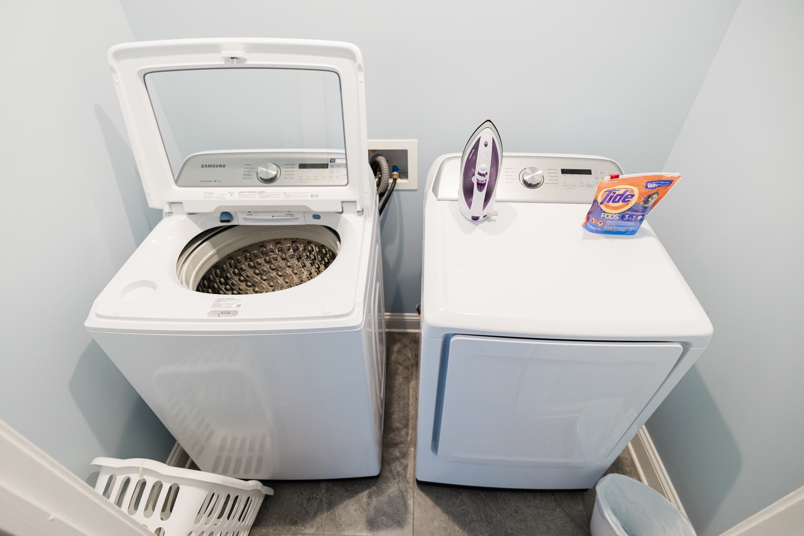 Your dedicated laundry room keeps your clothes fresh with a full-size washer, dryer, and iron for extended stays.