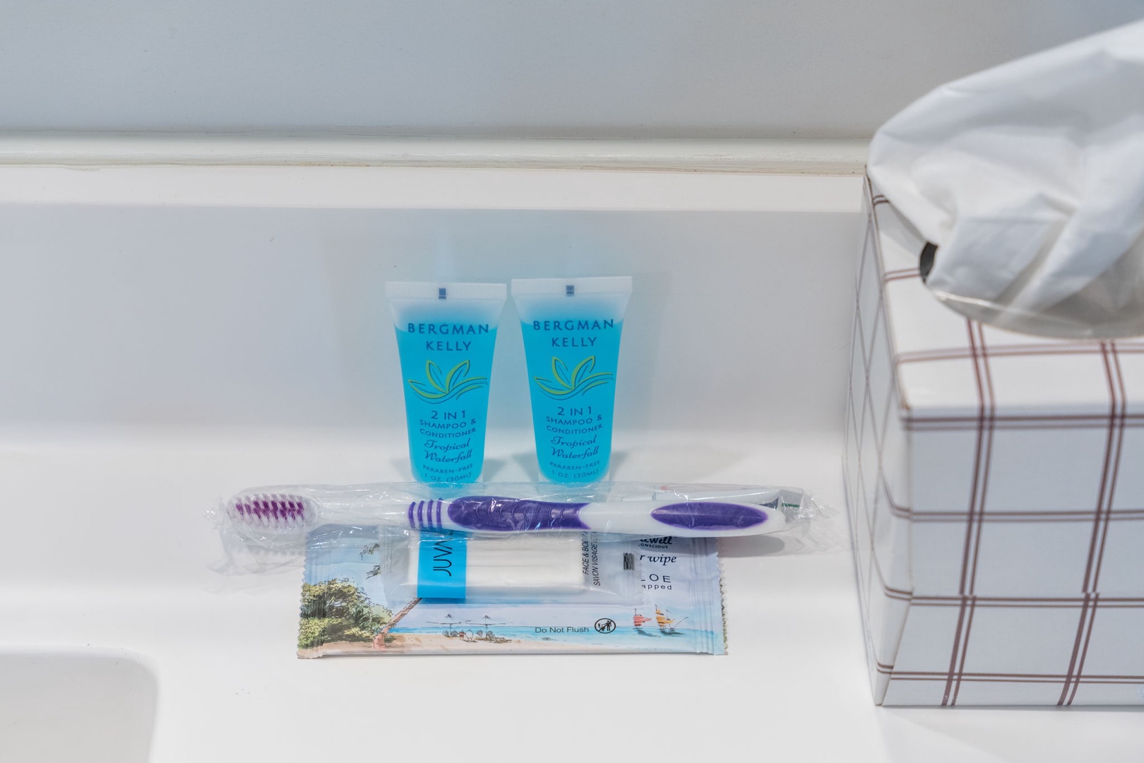 Fresh toiletries await your arrival, thoughtfully arranged for your comfort and convenience during your stay.