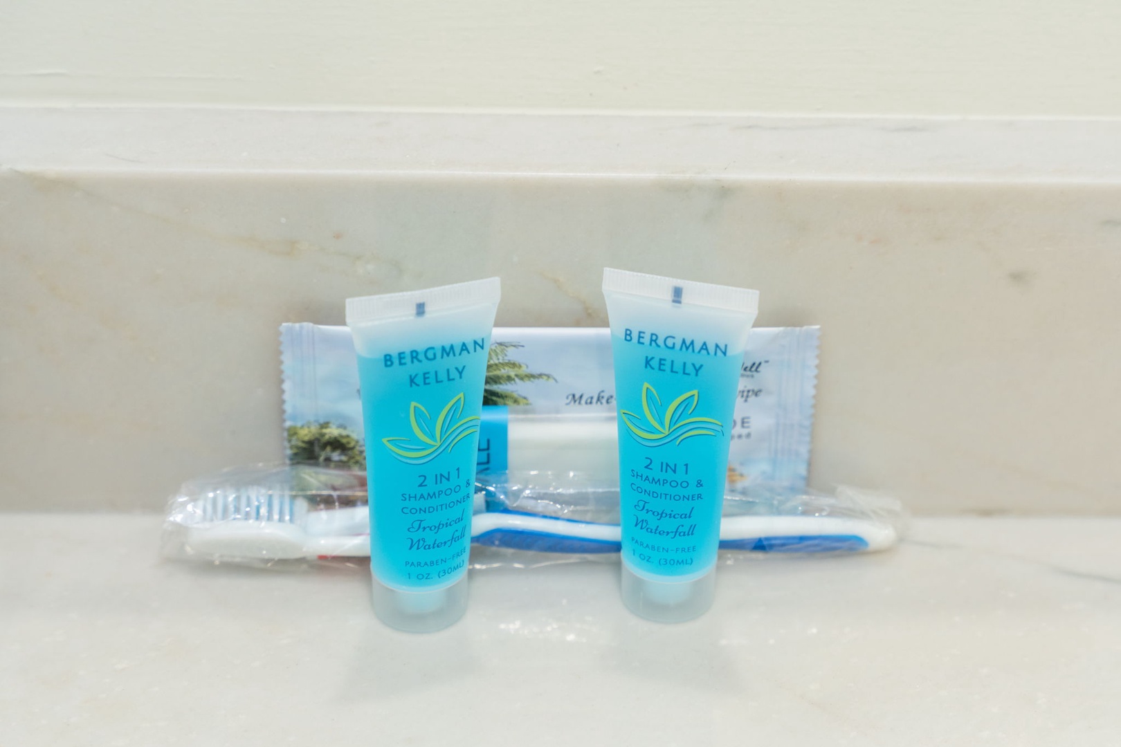 Quality toiletries await you in your bathroom, including Bergman Kelly shampoo and conditioner for a refreshing start to each day.