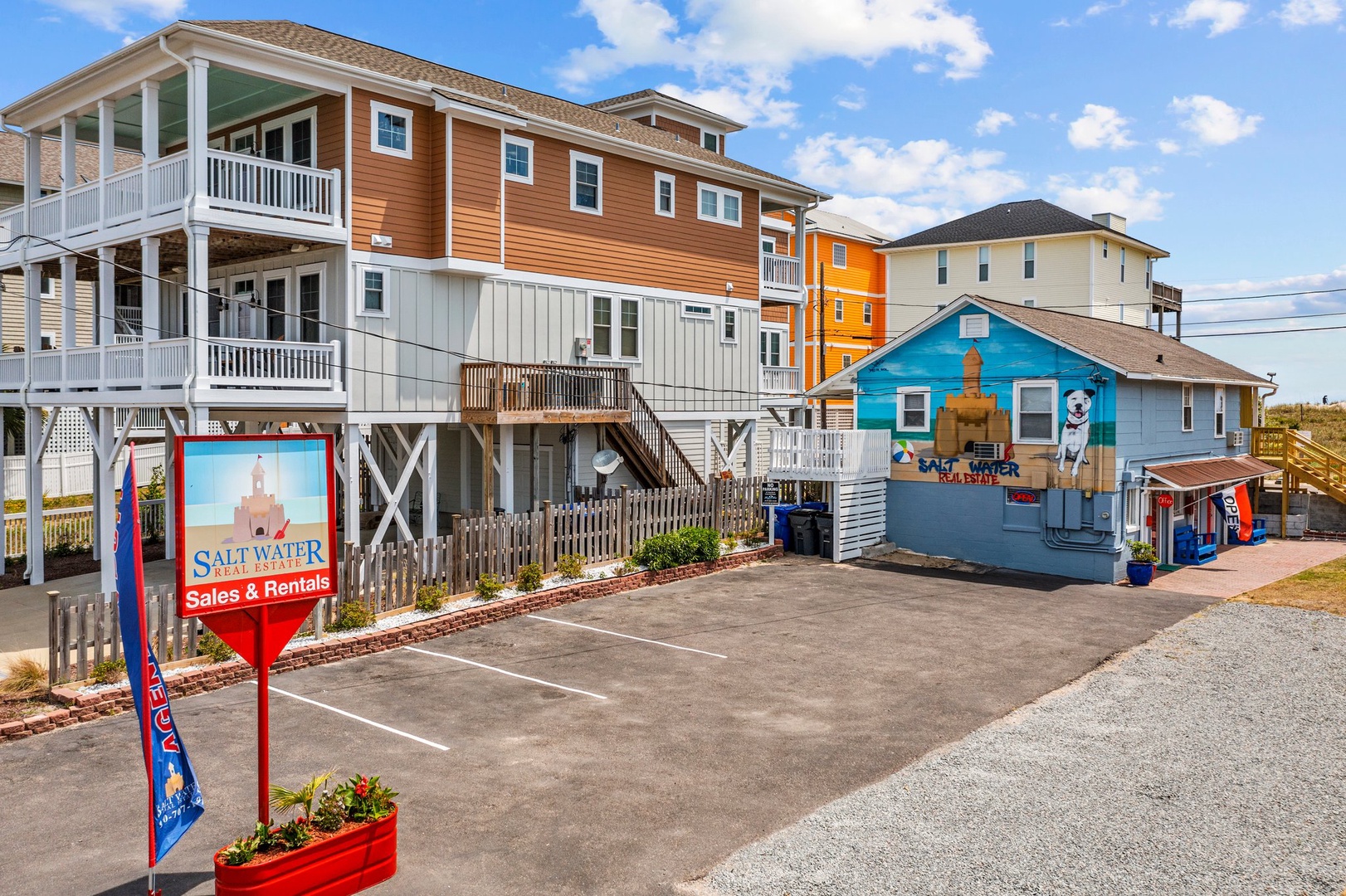 Colorful beach town setting with convenient parking and local attractions nearby for exploring the coastal community.