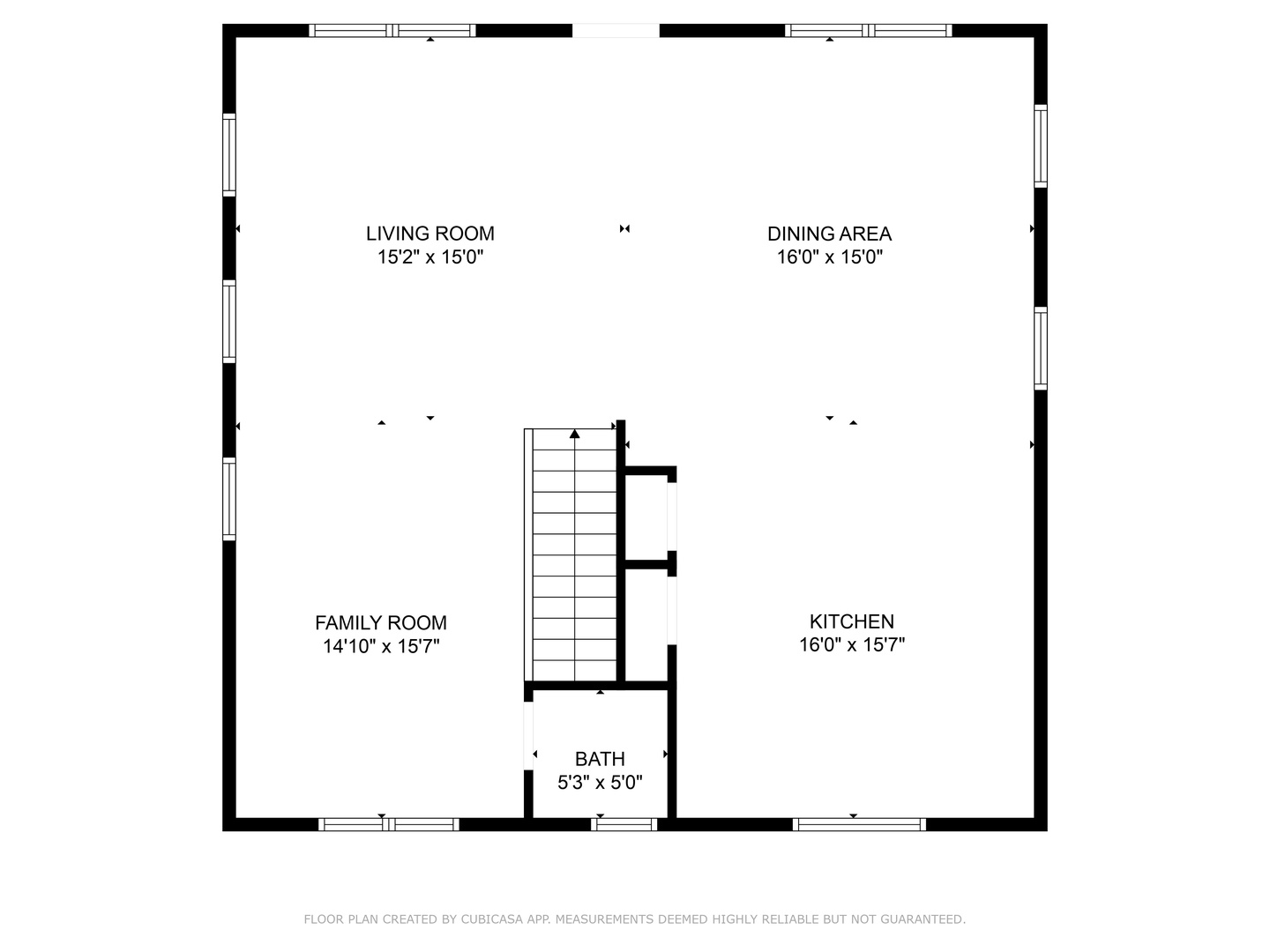 Floor plan showing living room, dining area, family room, kitchen, and bath—all thoughtfully arranged to help you envision your stay.