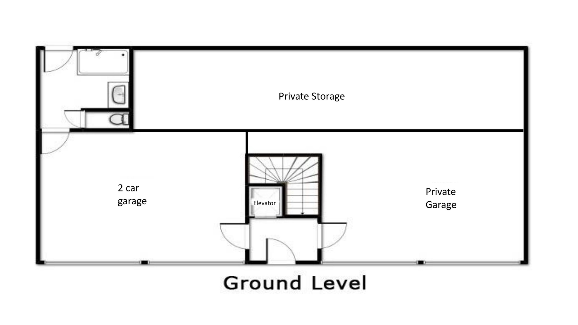 Ground level floor plan shows your private garage, storage space, and convenient elevator access to upper floors.