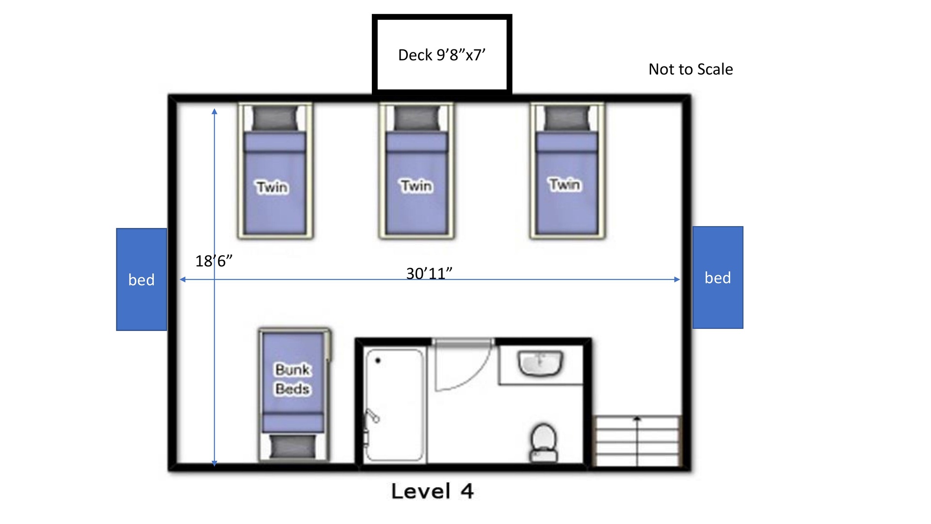 This spacious layout features twin beds and bunk beds, perfect for families or groups seeking comfortable shared accommodations.