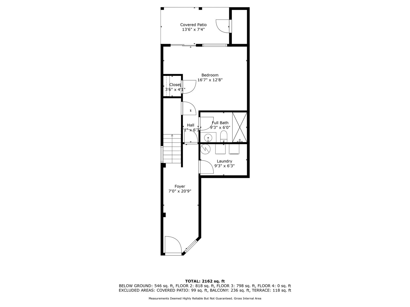 Detailed floor plan showing the thoughtful layout of your rental space with bedroom, full bath, laundry room, and covered patio for outdoor relaxation.