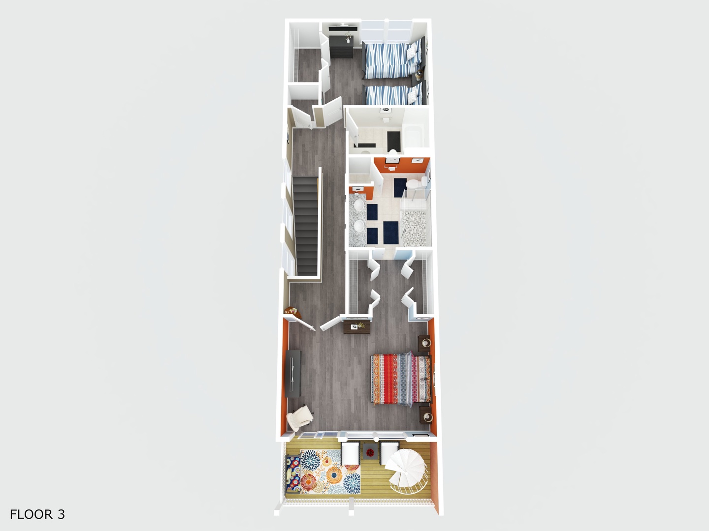 Explore the thoughtfully designed layout of Floor 3, featuring multiple bedrooms, kitchen, and living spaces perfectly arranged for your group's comfort.