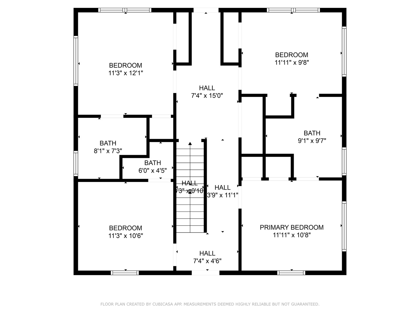 This floor plan shows the upper level with four bedrooms and three baths arranged around central hallways. The primary bedroom features its own private bath.