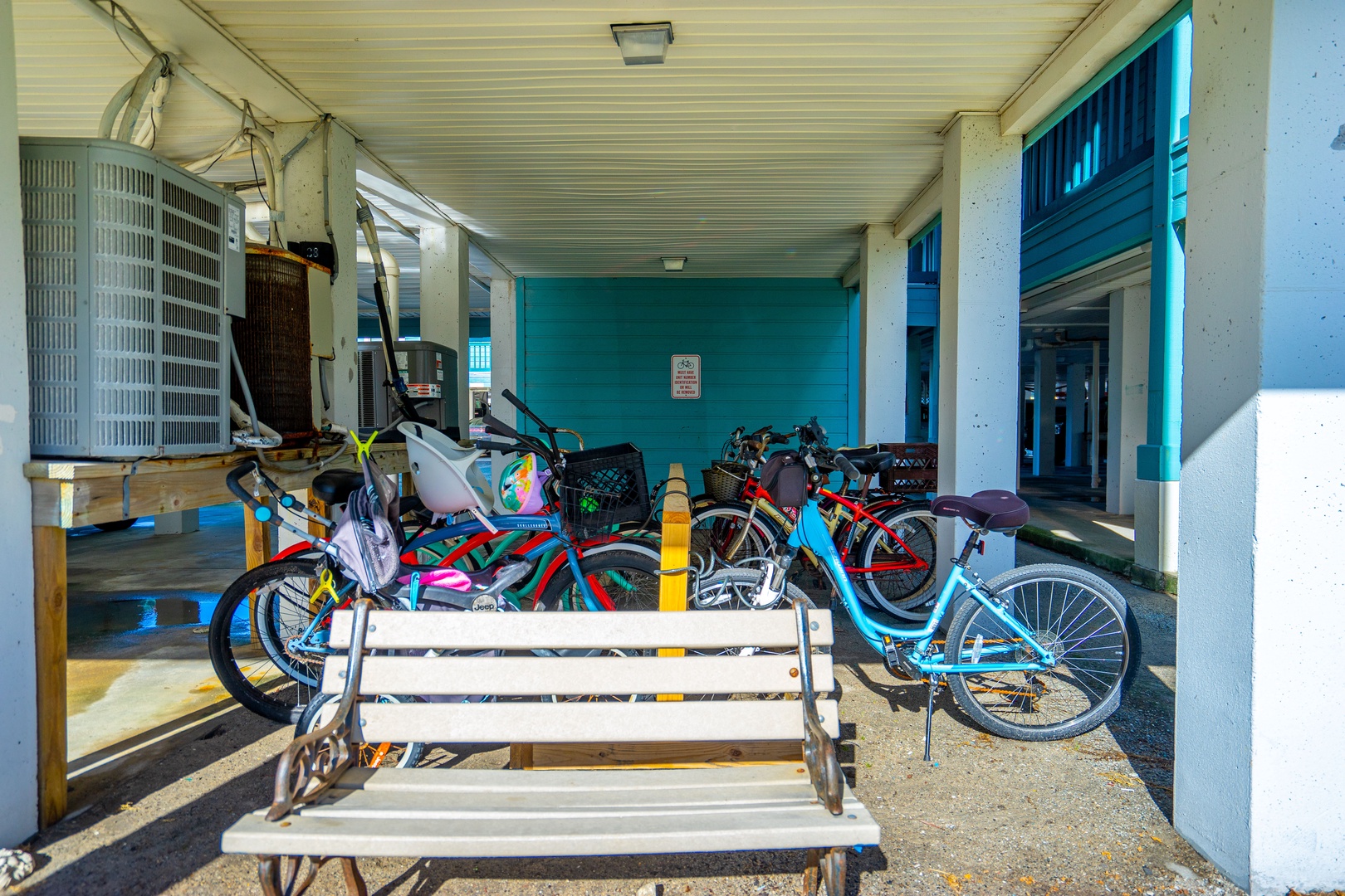 Your complimentary bicycles await in the covered storage area, ready for exploring the local area at your own pace.