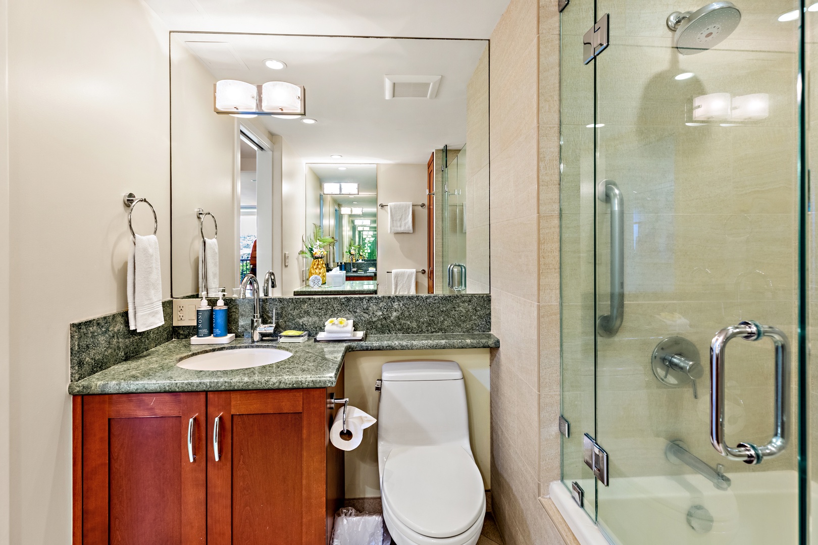 Step into your refreshed bathroom where warm wood cabinetry meets sleek granite countertops. The walk-in glass shower and bright vanity lighting create a clean, inviting space for your morning routine.