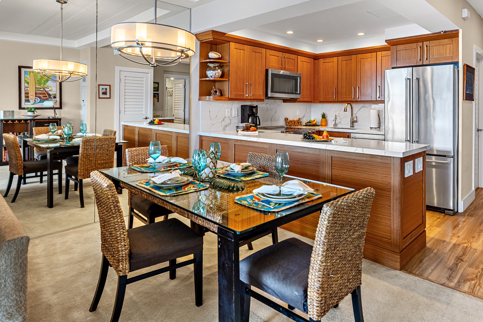 Your spacious kitchen features rich wood cabinetry, marble countertops, and modern appliances where you'll love creating memorable meals together.