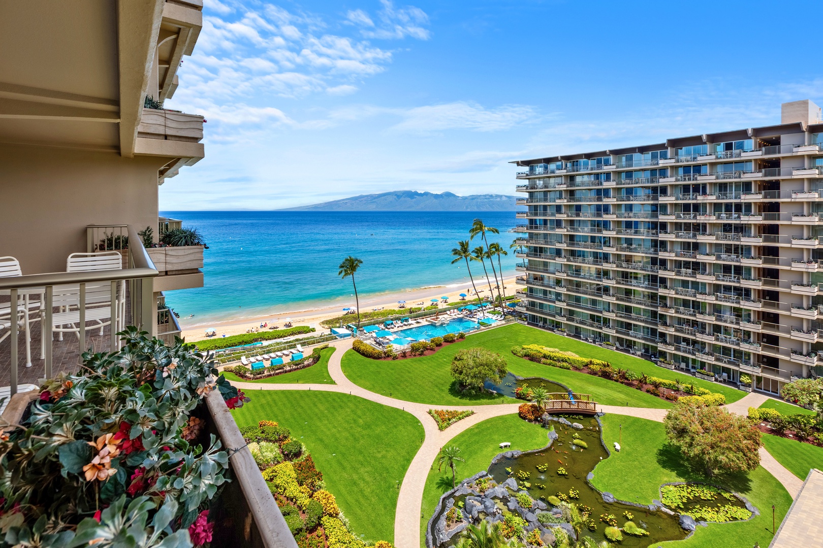 Peaceful koi pond views that bring a sense of calm and tranquility. A serene backdrop where gently flowing water and vibrant koi create a truly relaxing island atmosphere.